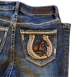Women’s Rock&Roll Denim Bootcut w26 l32 Blue Jeans with Horse Embroidered Pocket